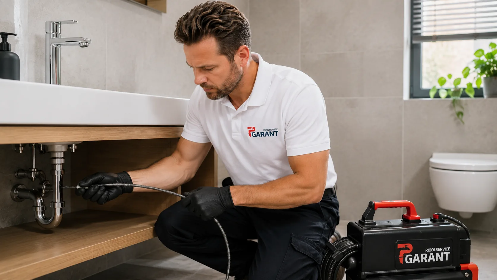 Vakman van Rioolservice Garant aan het werk aan een sanitaire installatie